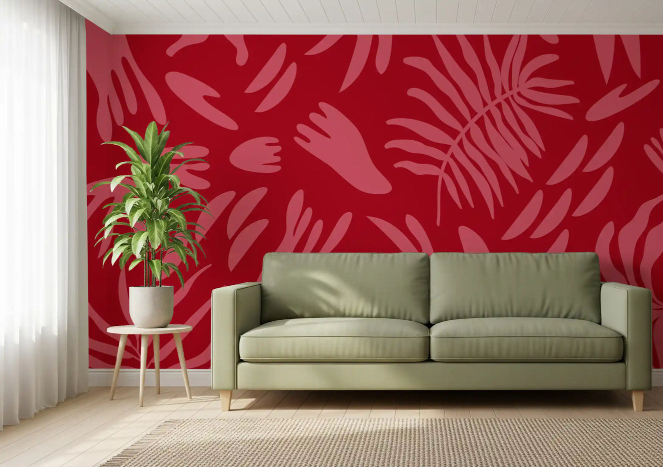 Crimson Botanical Dance wall mural in a living room with red abstract leaves