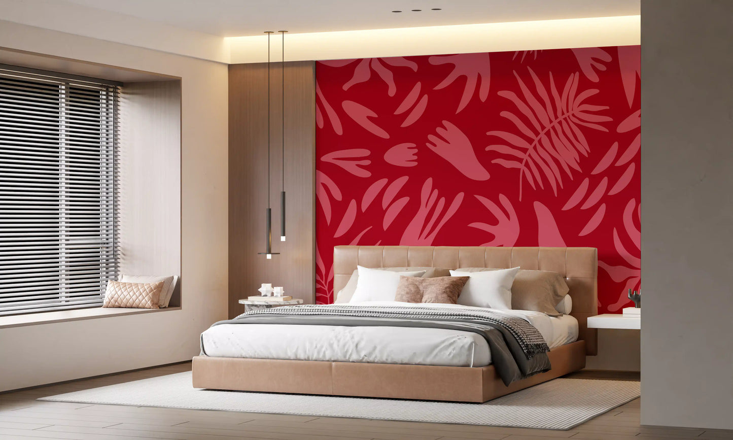Botanical pattern wall mural with crimson base and pink shapes
