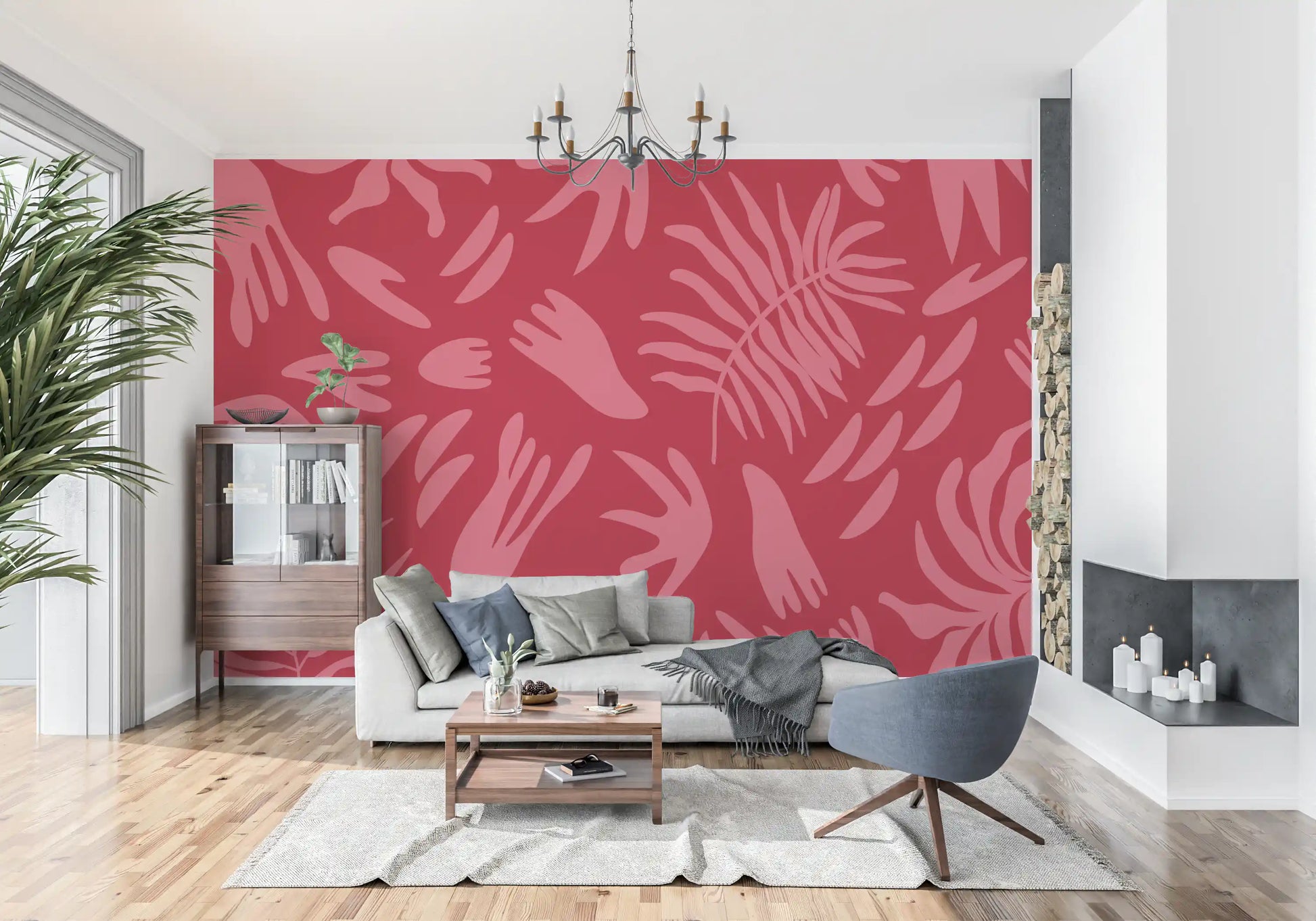 Red abstract wall mural with layered botanical silhouettes