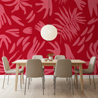 Modern Botanical red wall mural with organic leaf forms and bold contrast