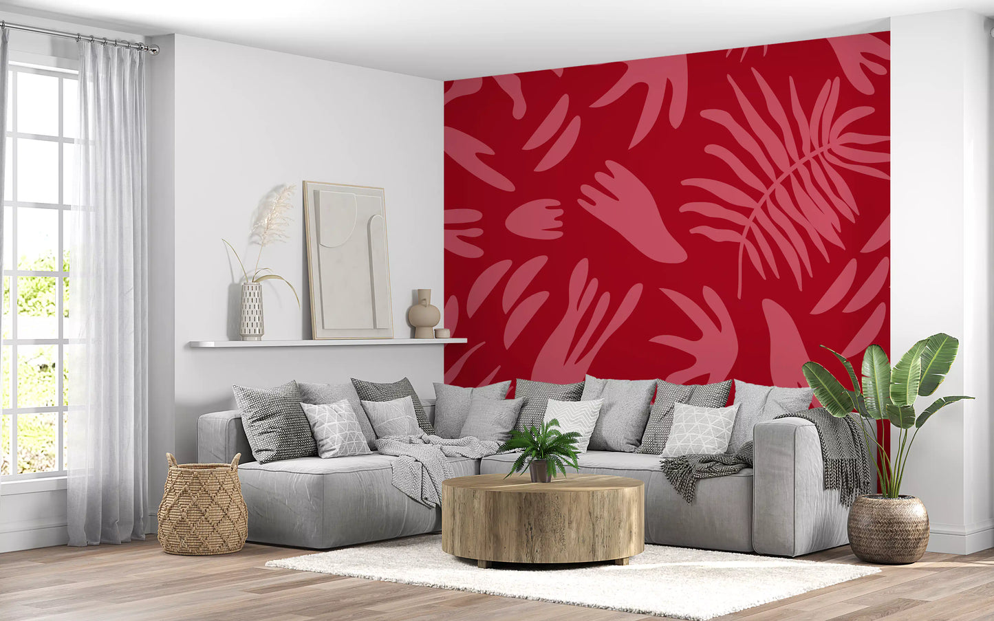 Contemporary botanical mural with bold red background and shapes