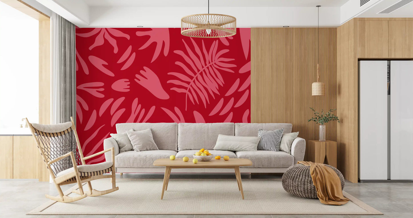 Abstract leaf mural for a hallway with bold crimson pattern
