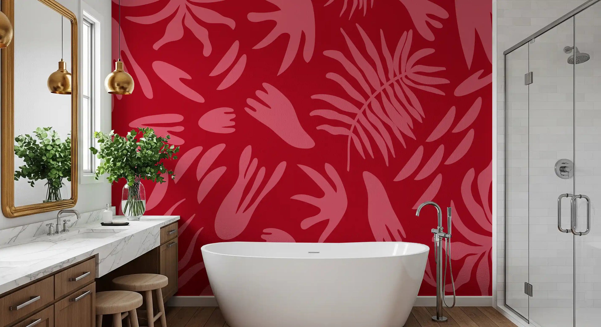 Red botanical wall mural in a bathroom with pink leaf shapes
