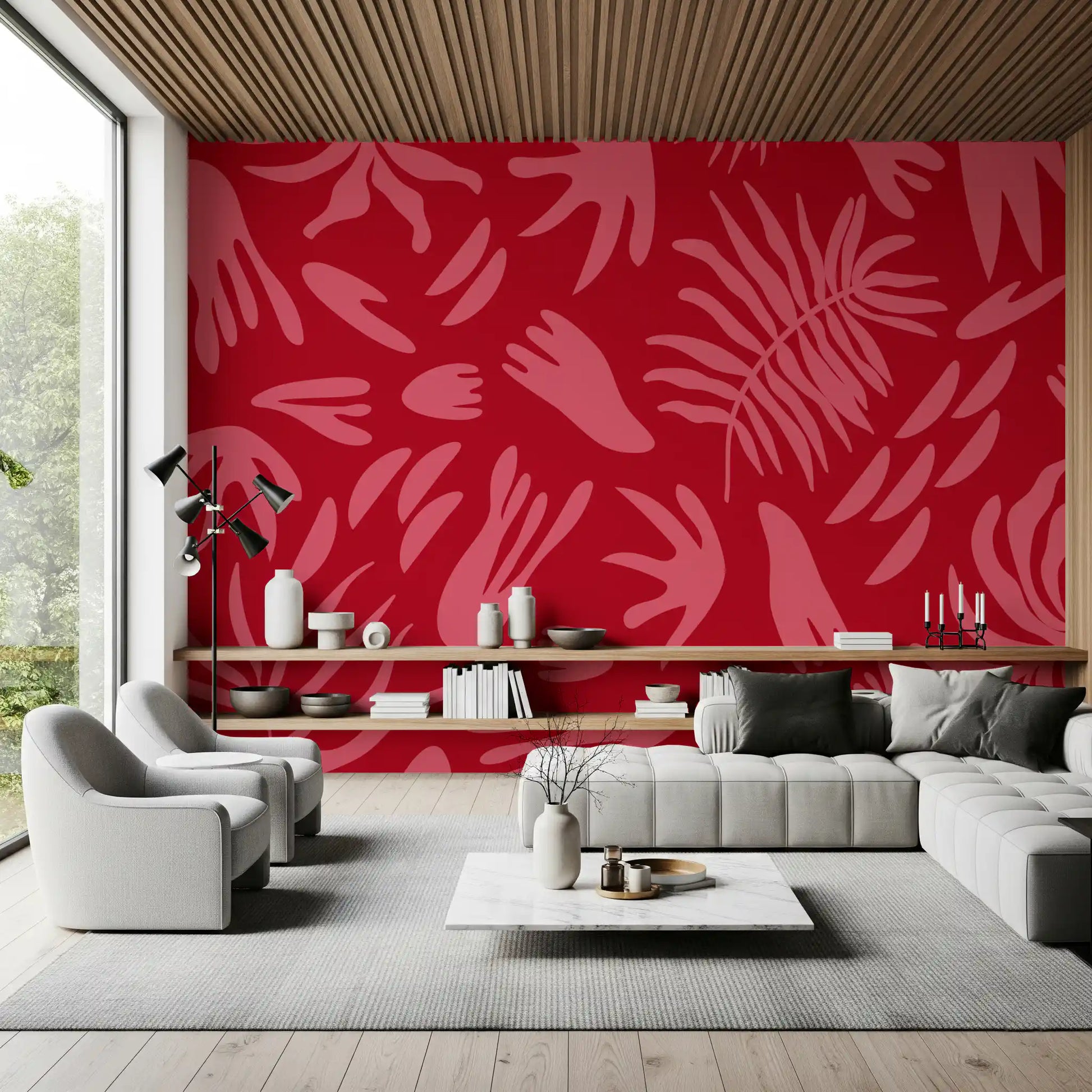Abstract botanical wall mural with flowing shapes and vibrant tones