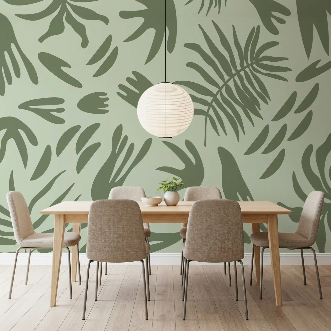 Pattern wall mural with soft green tones and organic shapes