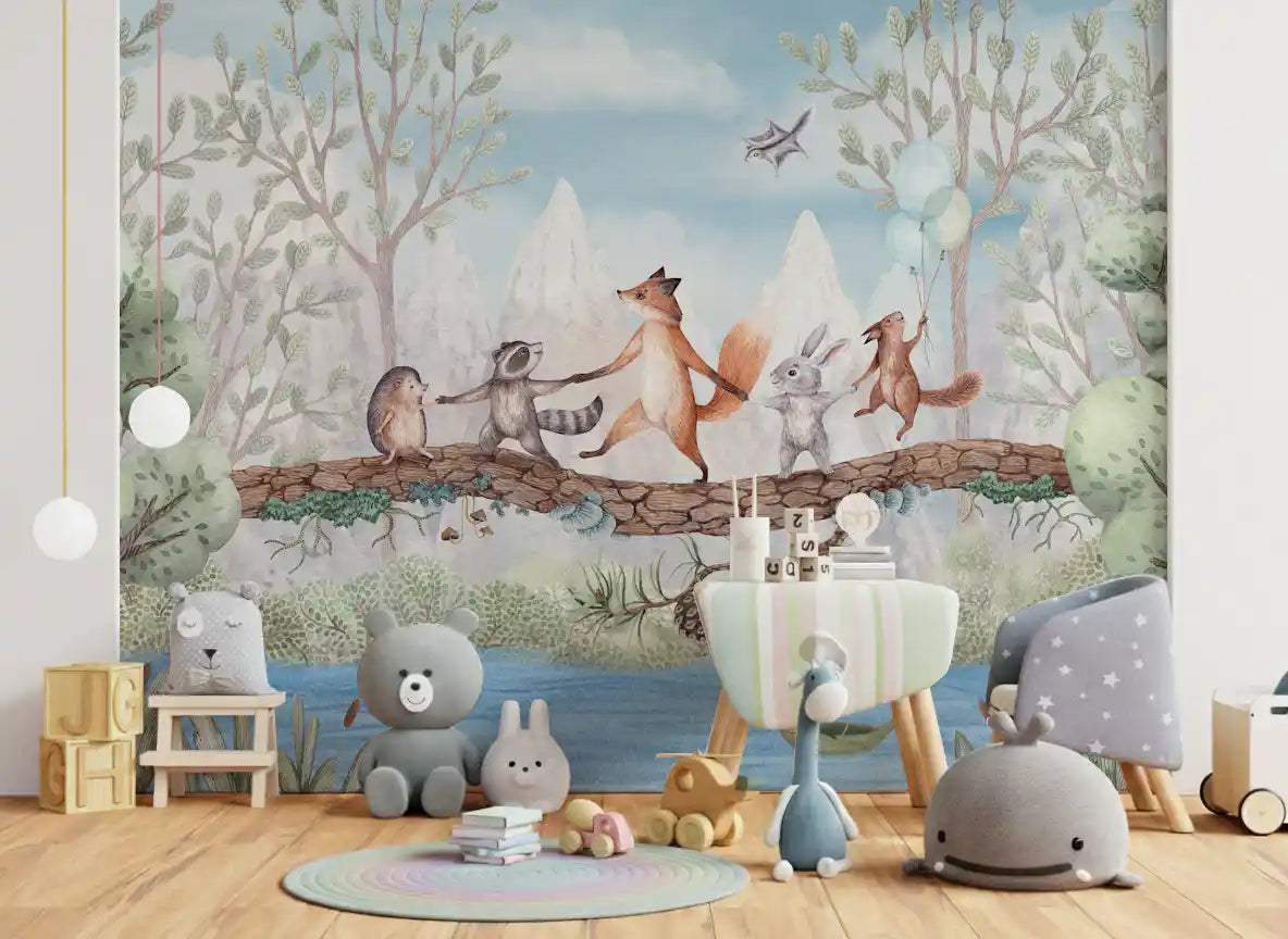 Scenic animal wall mural with forest trees and mountain backdrop