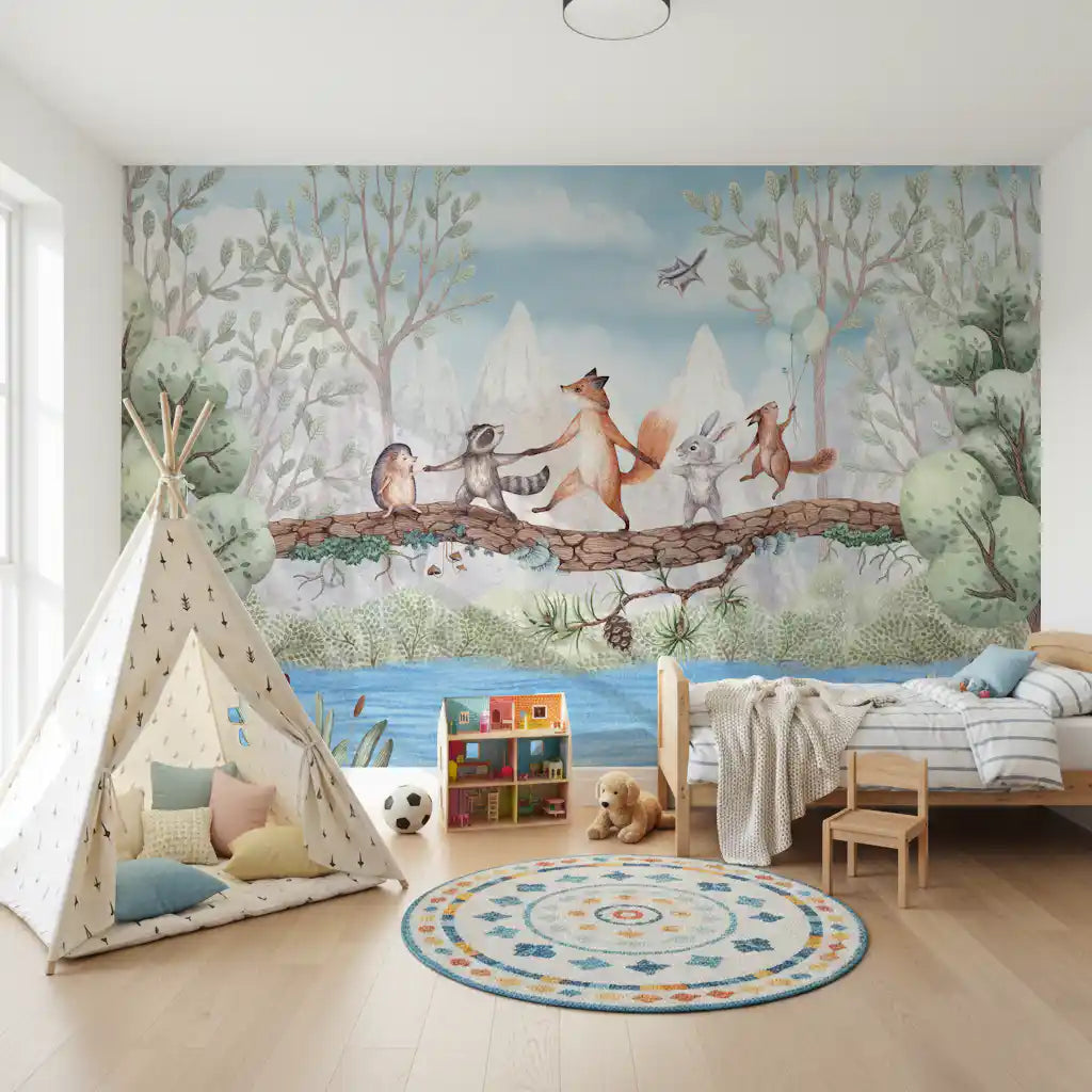 Nature animal wall mural for a bedroom with trees and mountain background