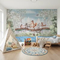 Nature animal wall mural for a bedroom with trees and mountain background