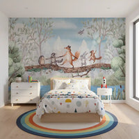 Animal Adventure wall mural in a children room with forest and river scene