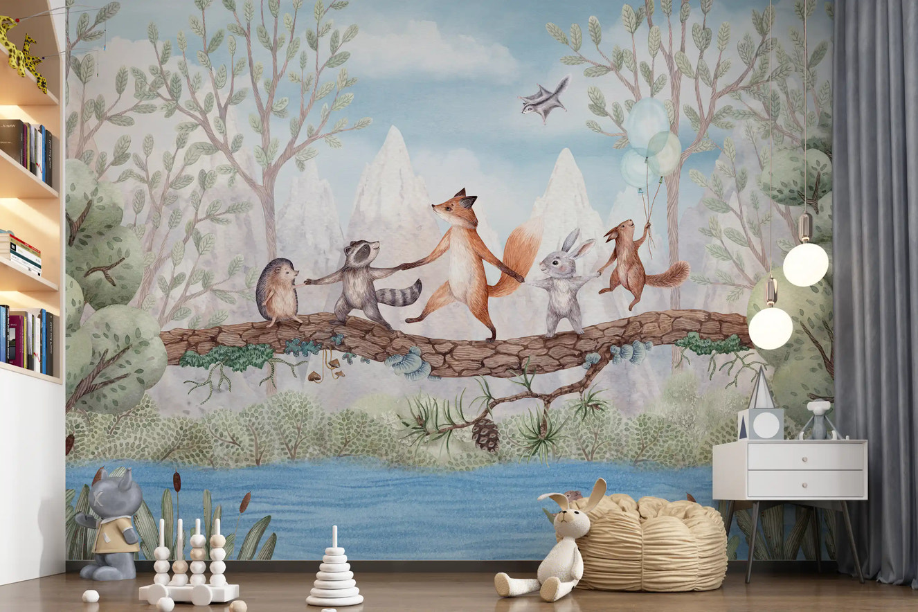 Animal Adventure wall mural in a kids room with woodland animals on tree branch