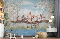 Animal Adventure wall mural in a kids room with woodland animals on tree branch