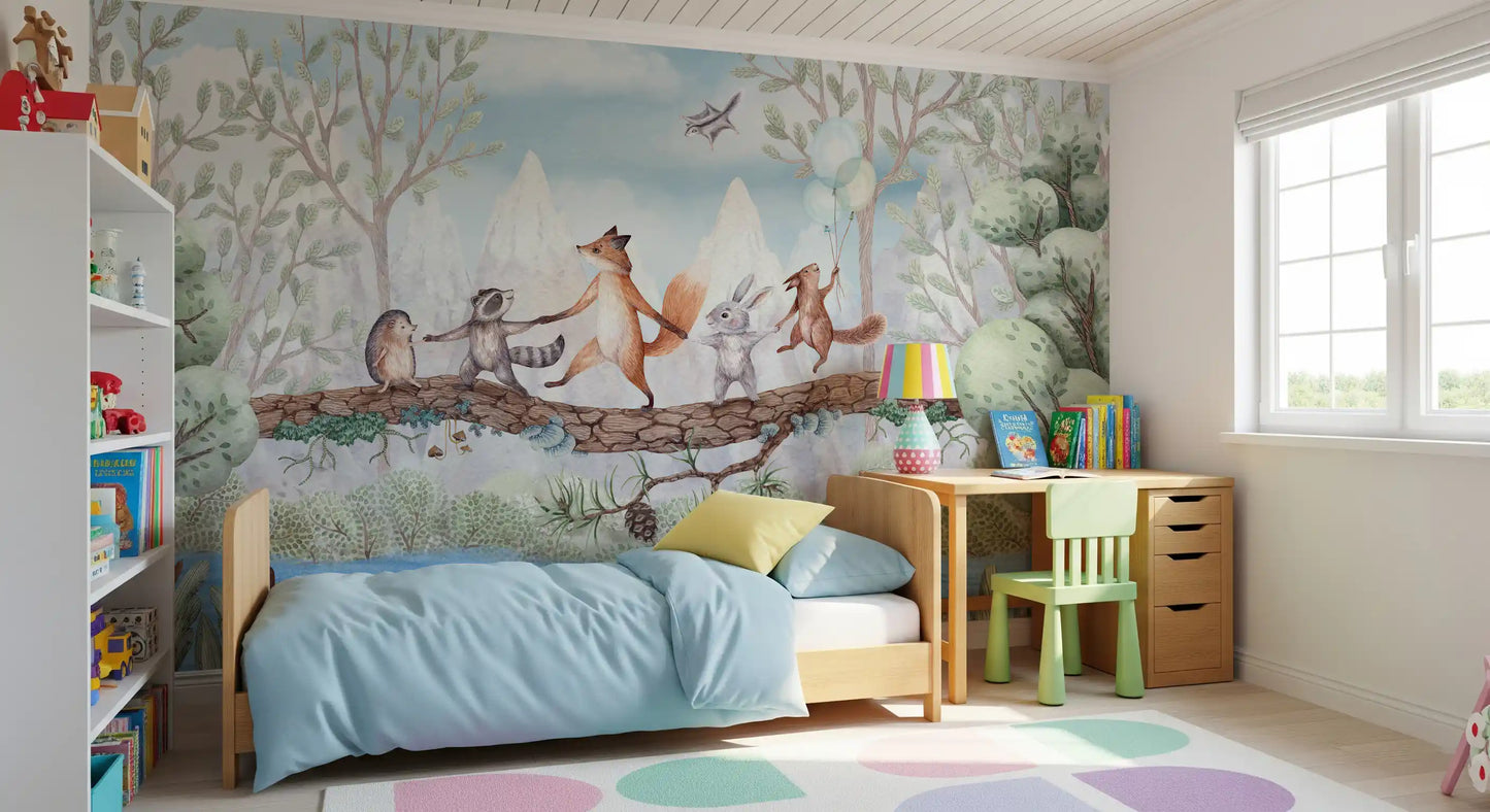 Playful forest wall mural with animals and natural landscape elements