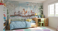 Playful forest wall mural with animals and natural landscape elements