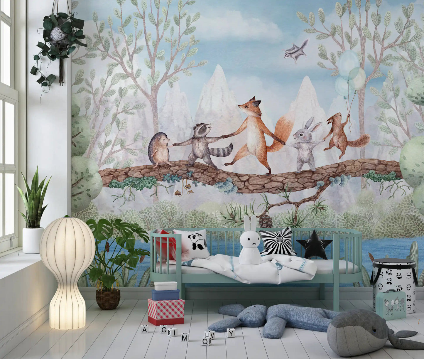 Animal story wall mural with trees, mountains, and blue river below