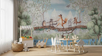 Kids nature wall mural with woodland animals and soft green tones