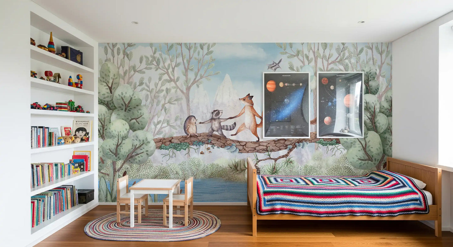 Forest-themed Animal wall mural with fox, squirrel, and rabbit illustration