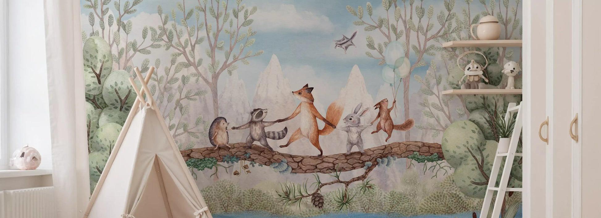 Woodland wall mural with animals walking on branch and soft landscape
