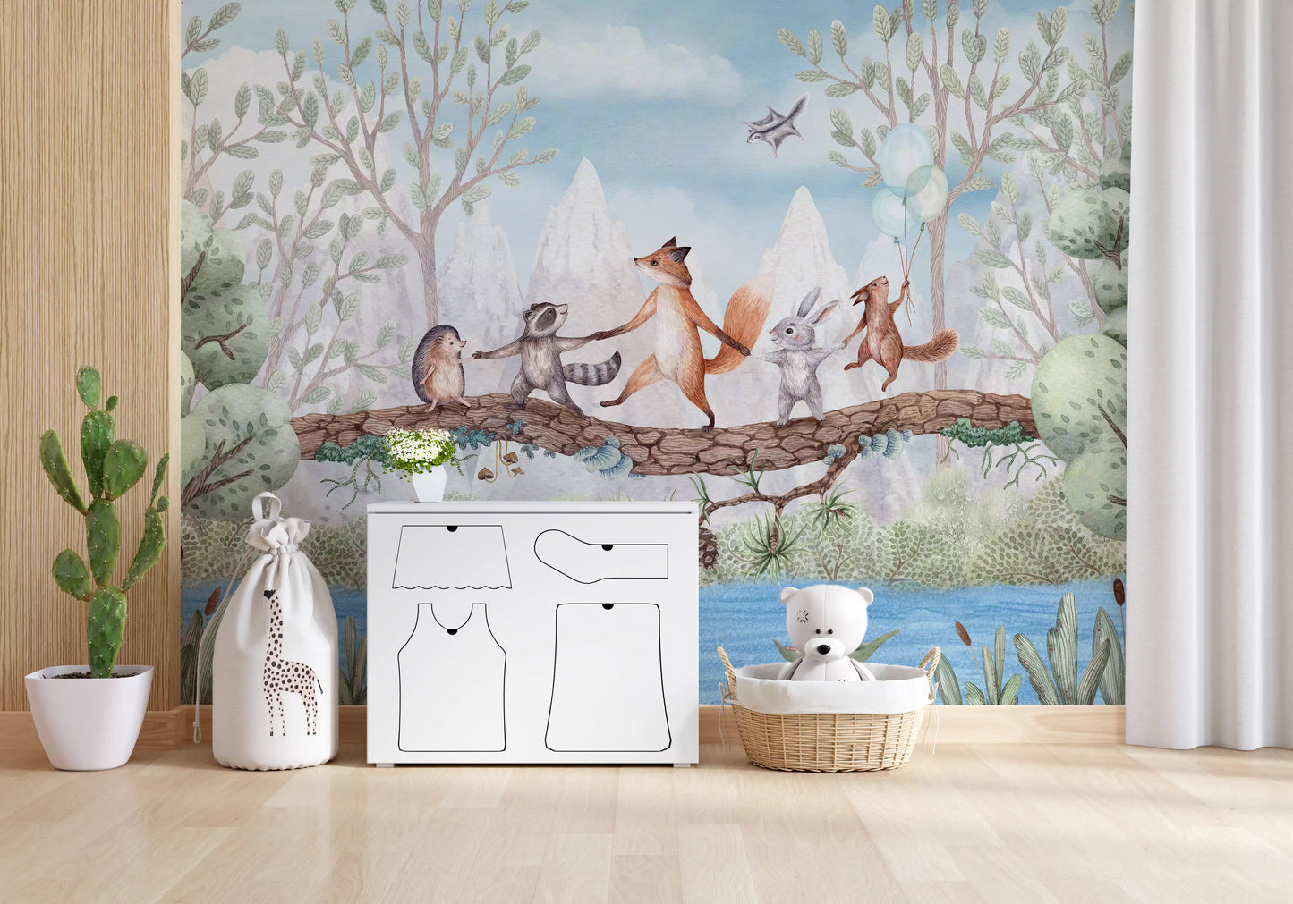 Forest animal wall mural in a hallway with fox, rabbit, and raccoon scene