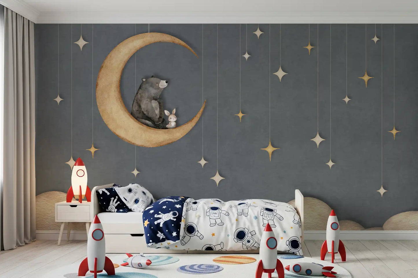 Night-themed wall mural with bear on moon and minimal star pattern