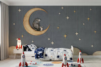 Night-themed wall mural with bear on moon and minimal star pattern