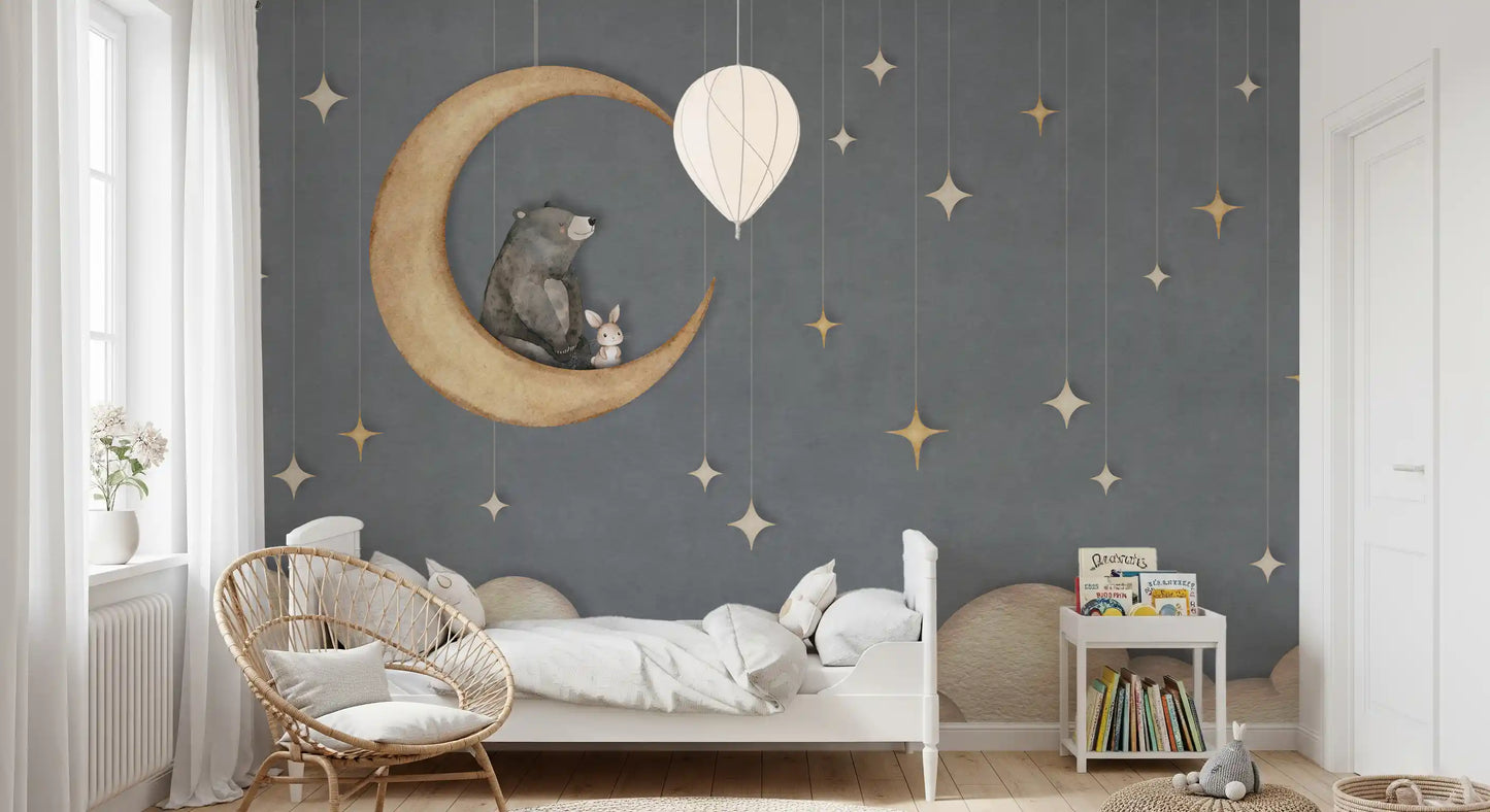 Blue sky wall mural with hanging stars and crescent moon artwork