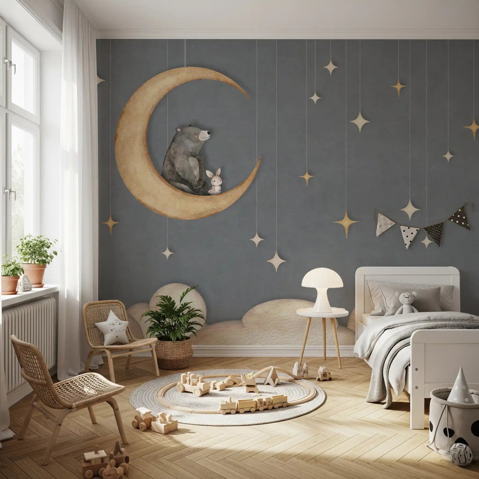 Dreamy sky wall mural with moon, stars, and calm blue tones