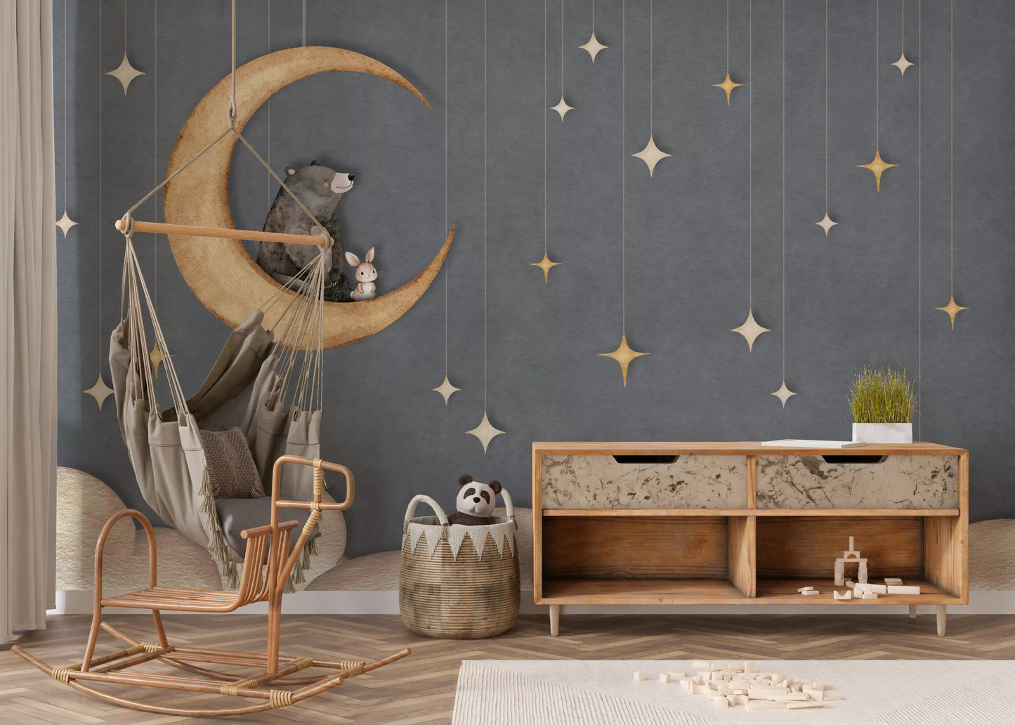 Blue night wall mural with crescent moon, clouds, and star details