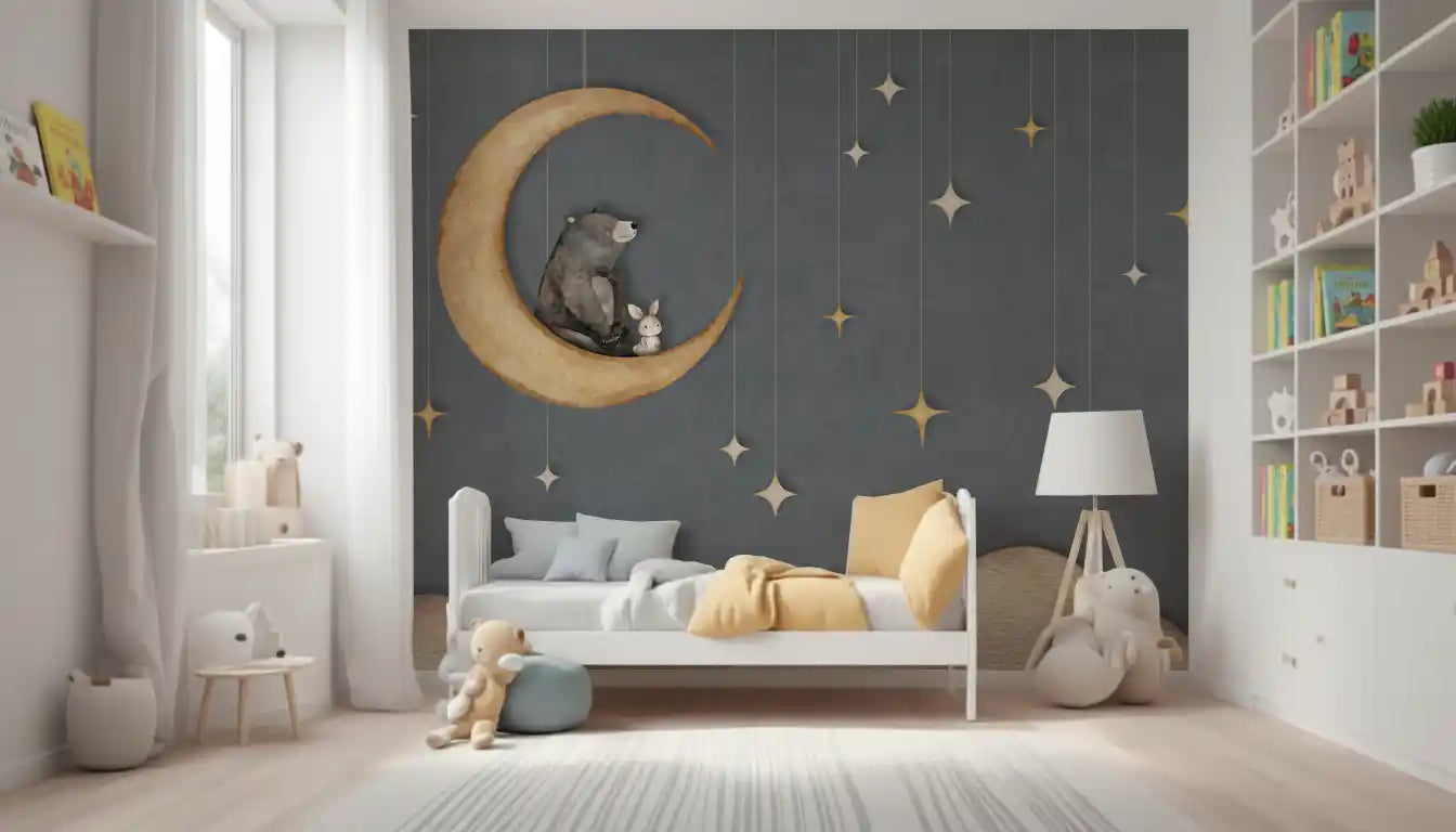 Night sky wall mural in a bedroom with bear, rabbit, and hanging stars