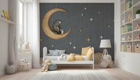 Night sky wall mural in a bedroom with bear, rabbit, and hanging stars