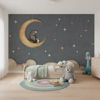 Moon and stars wall mural for a hallway with soft blue background