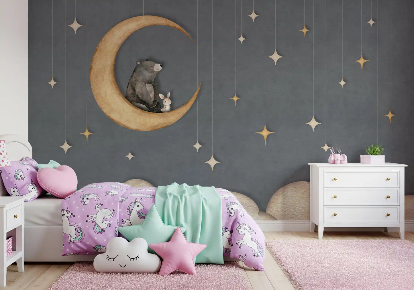 Kids moon wall mural with bear, rabbit, and soft hanging star elements