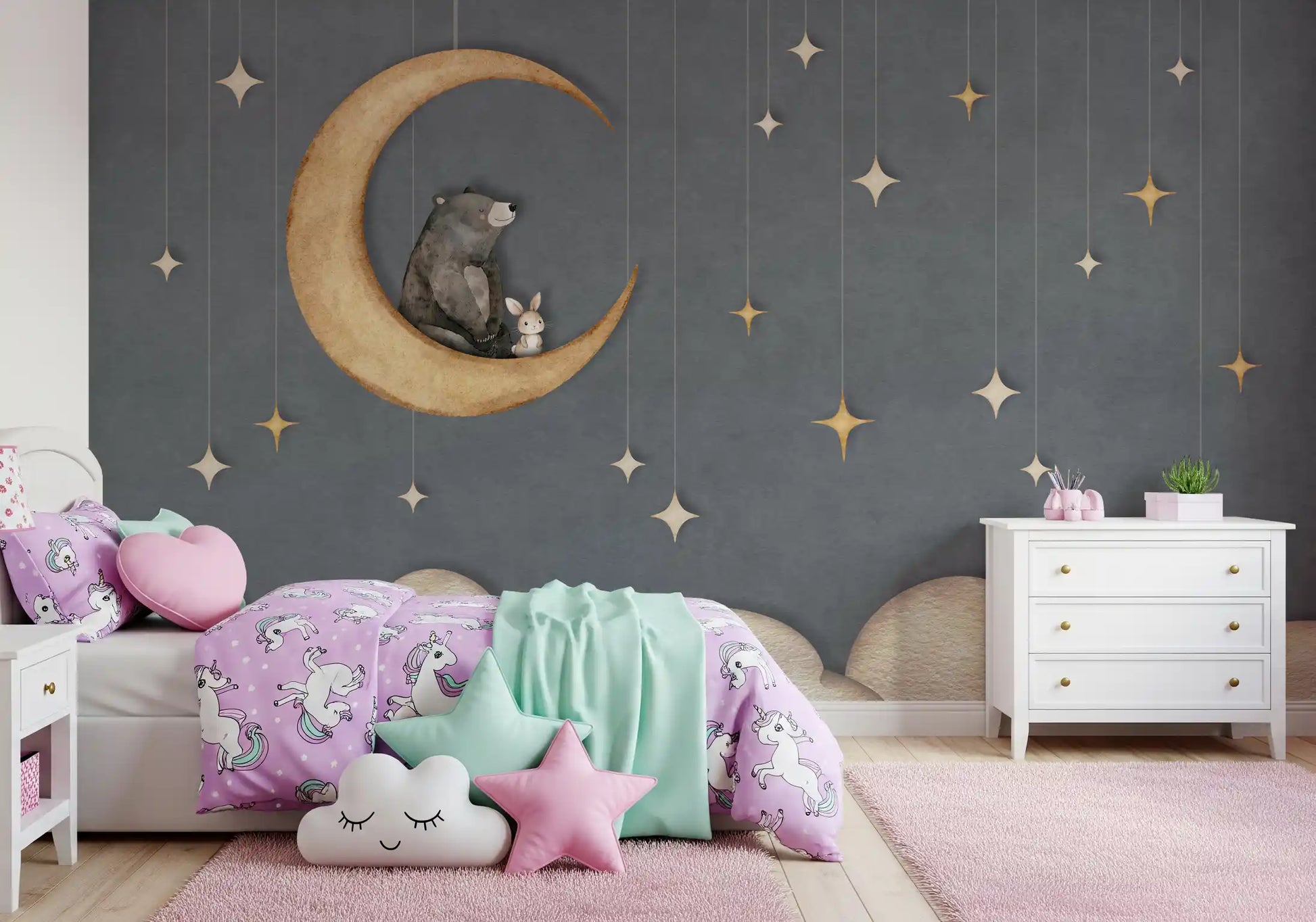 Kids moon wall mural with bear, rabbit, and soft hanging star elements