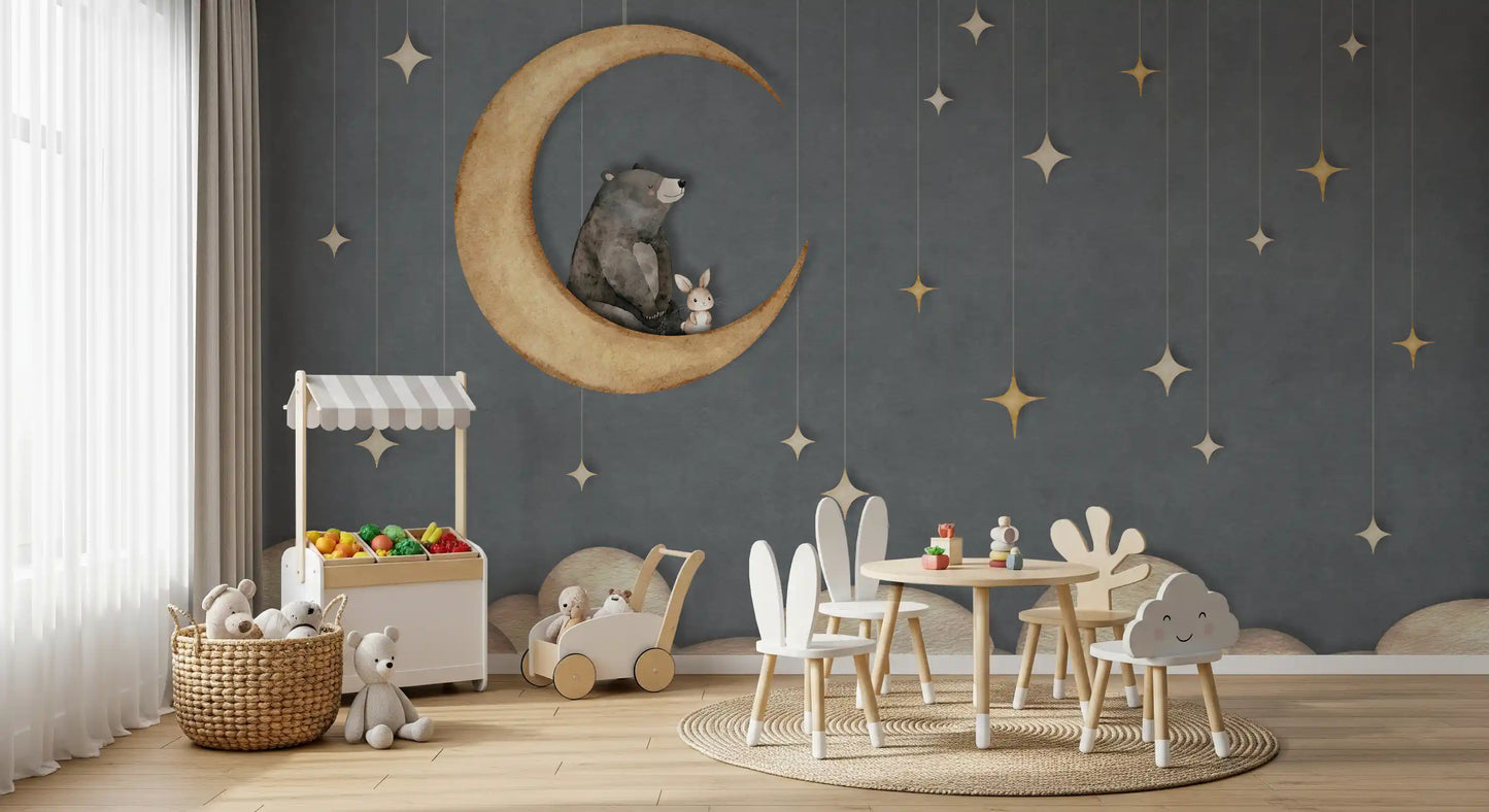 Nursery wall mural with moon illustration and soft cloud base design