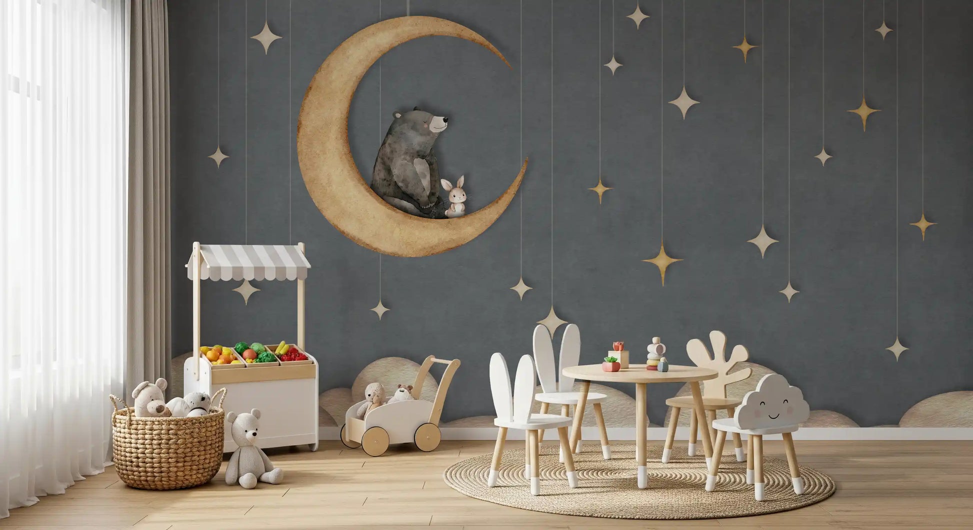 Nursery wall mural with moon illustration and soft cloud base design