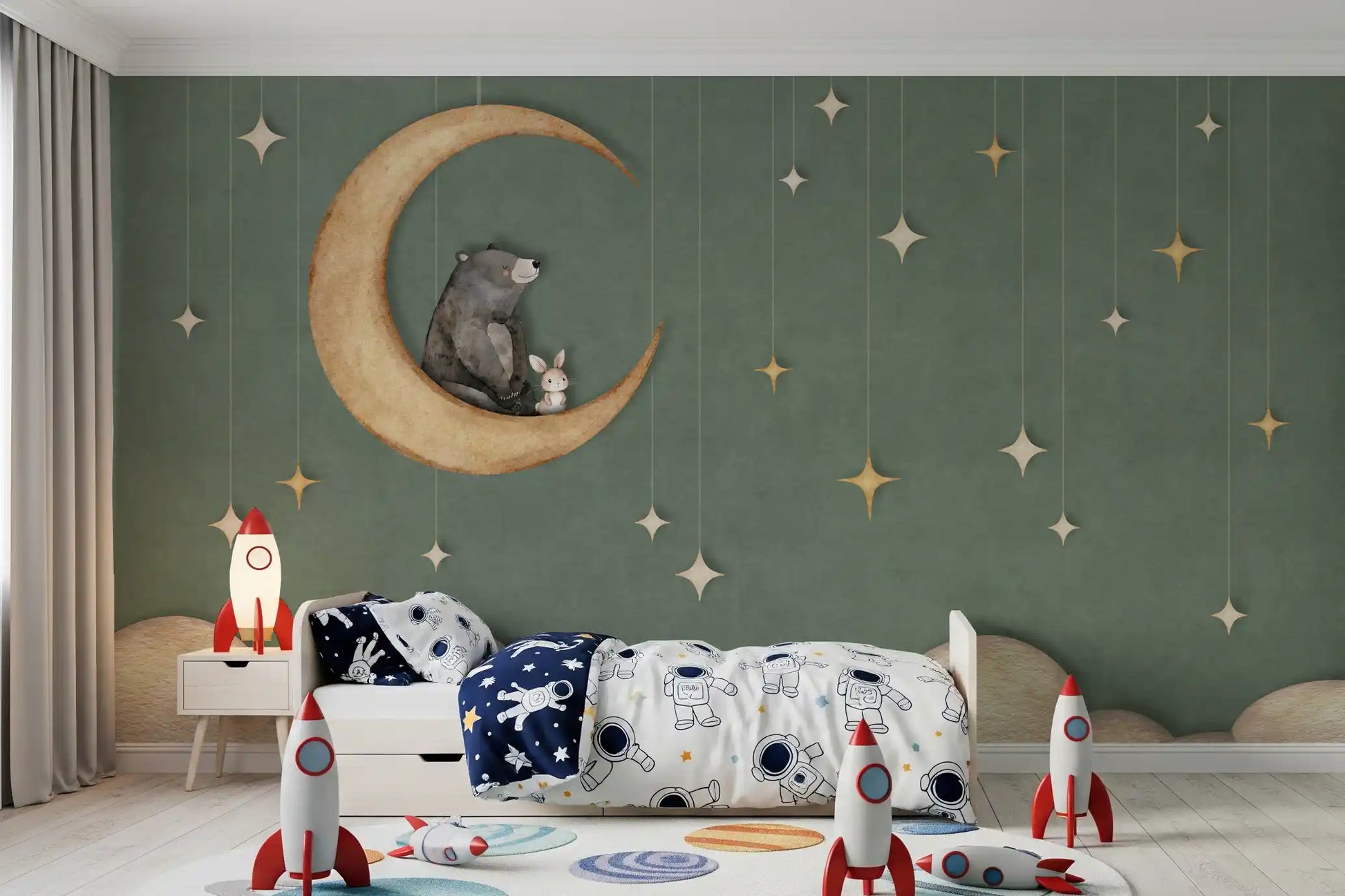 Dreamy sky wall mural green bear moon kids decor illustration