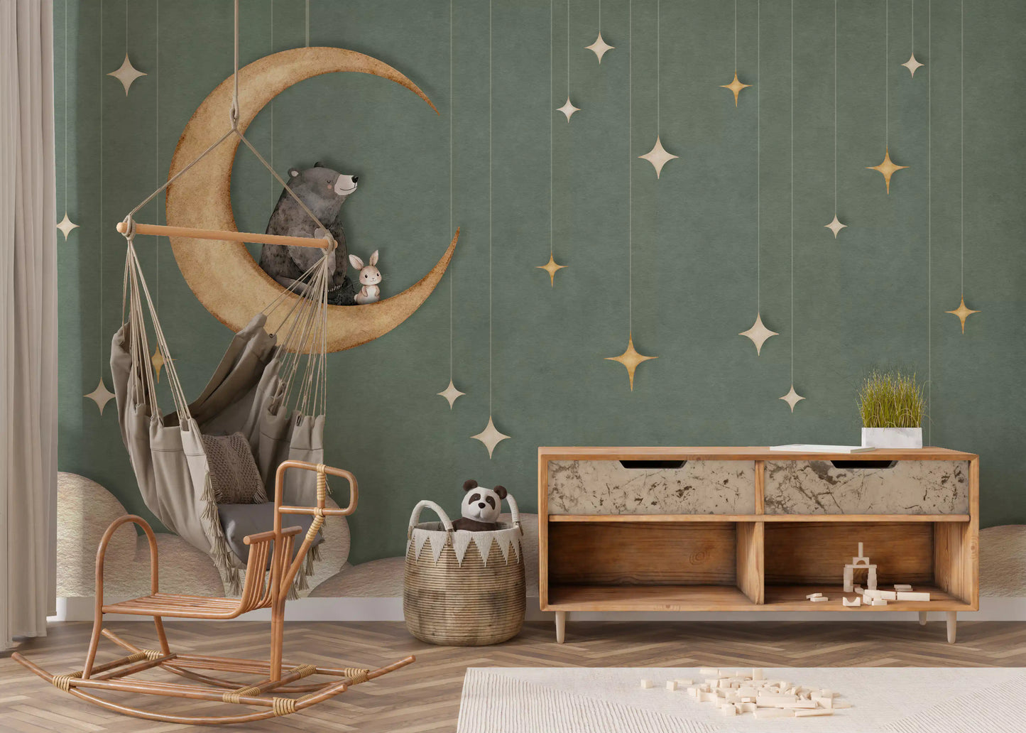 Soft green sky wall mural bear rabbit moon star illustration