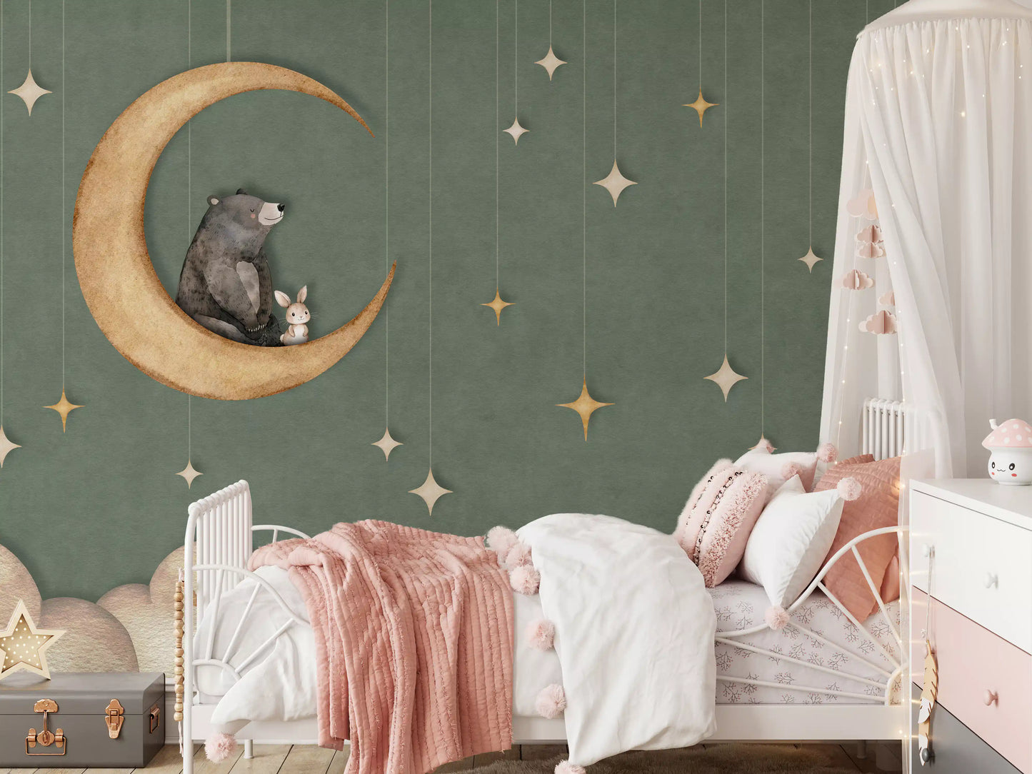 Cute bear moon wall mural green clouds children room kids setup