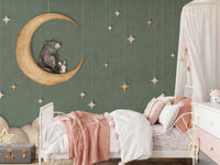 Cute bear moon wall mural green clouds children room kids setup