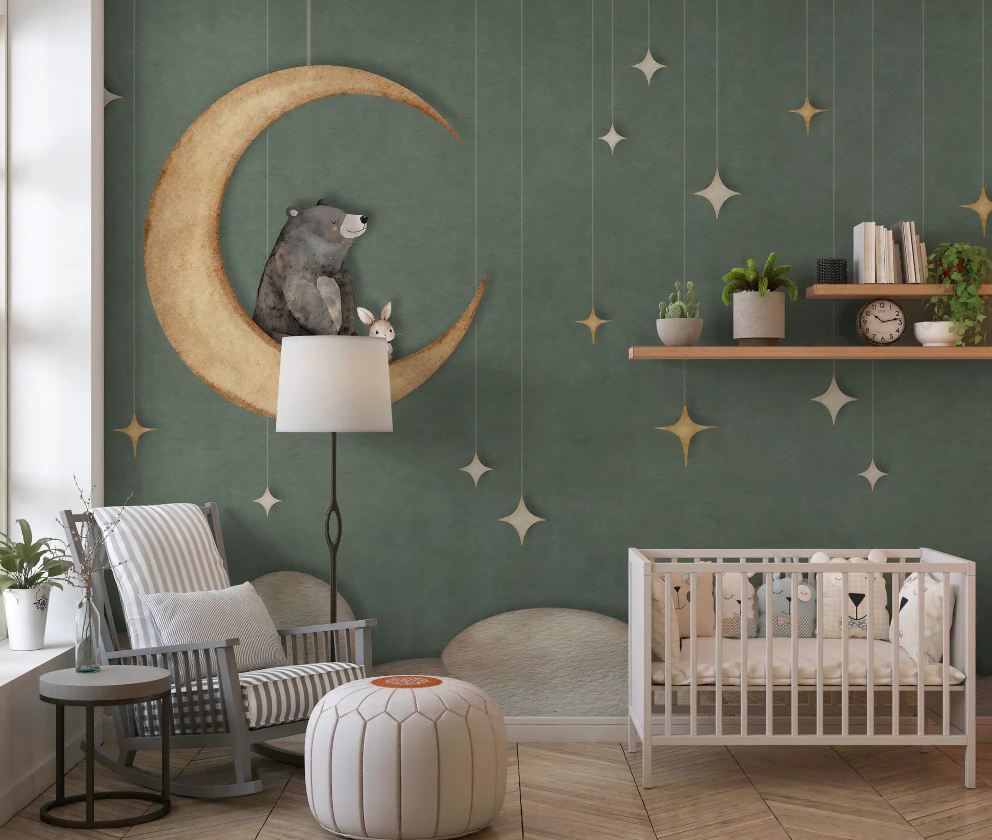 Bear on moon wall mural green stars hanging nursery interior style