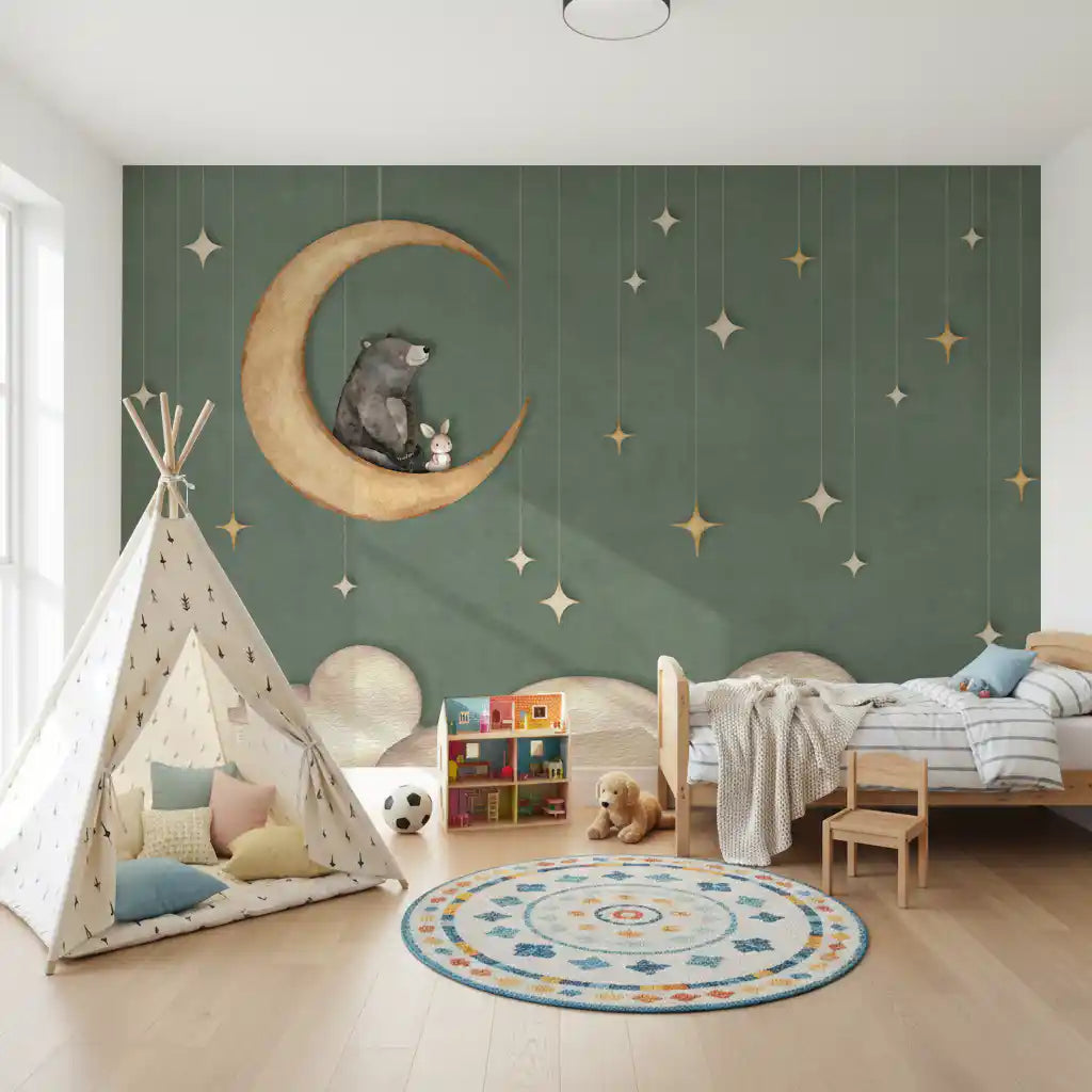 Kids night sky wall mural bear moon stars green theme design