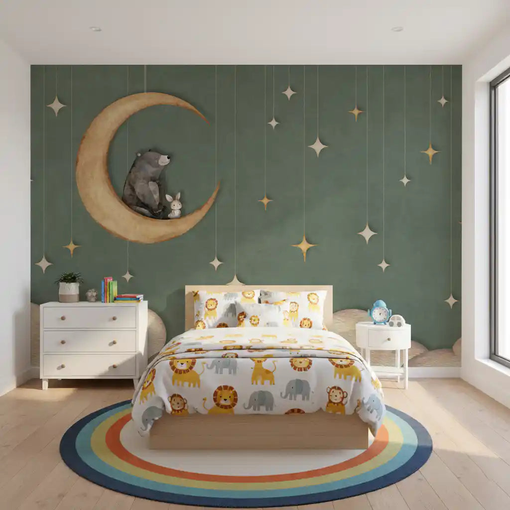 Bear on The Moon wall mural green night sky theme artwork