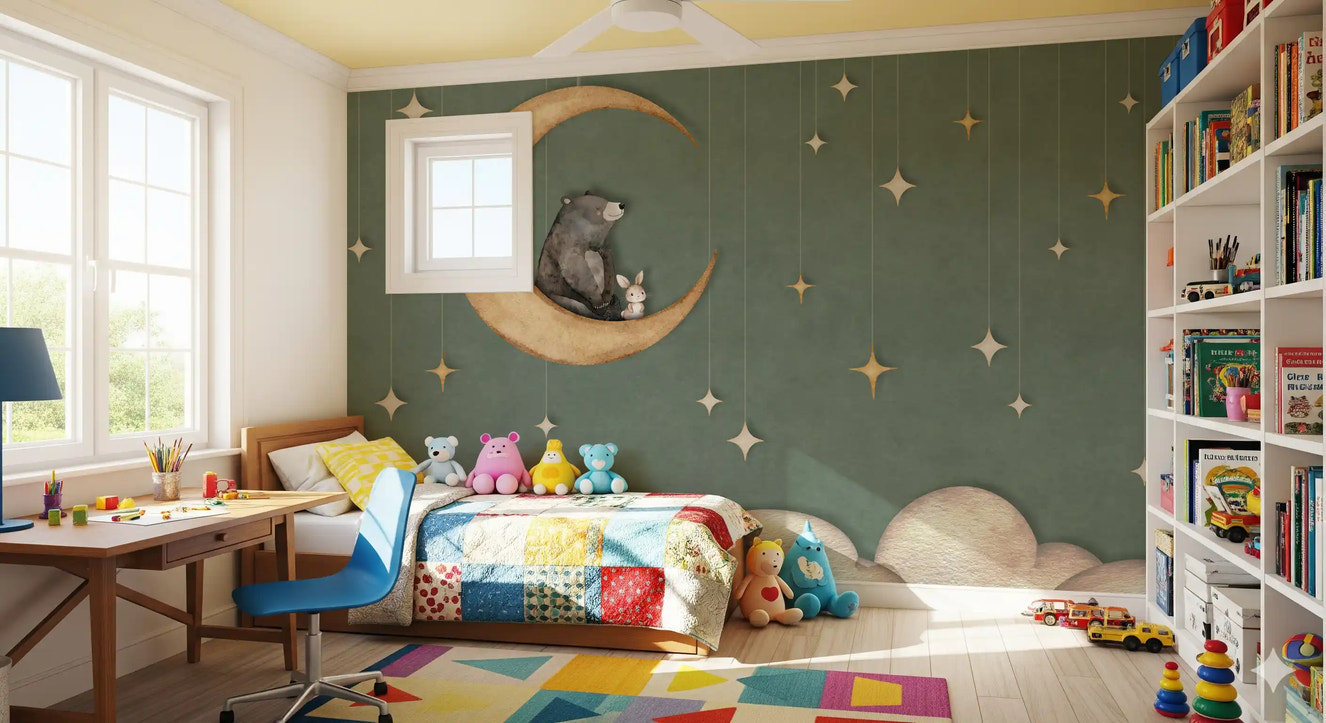 Green night sky wall mural bear moon bedroom kids theme design