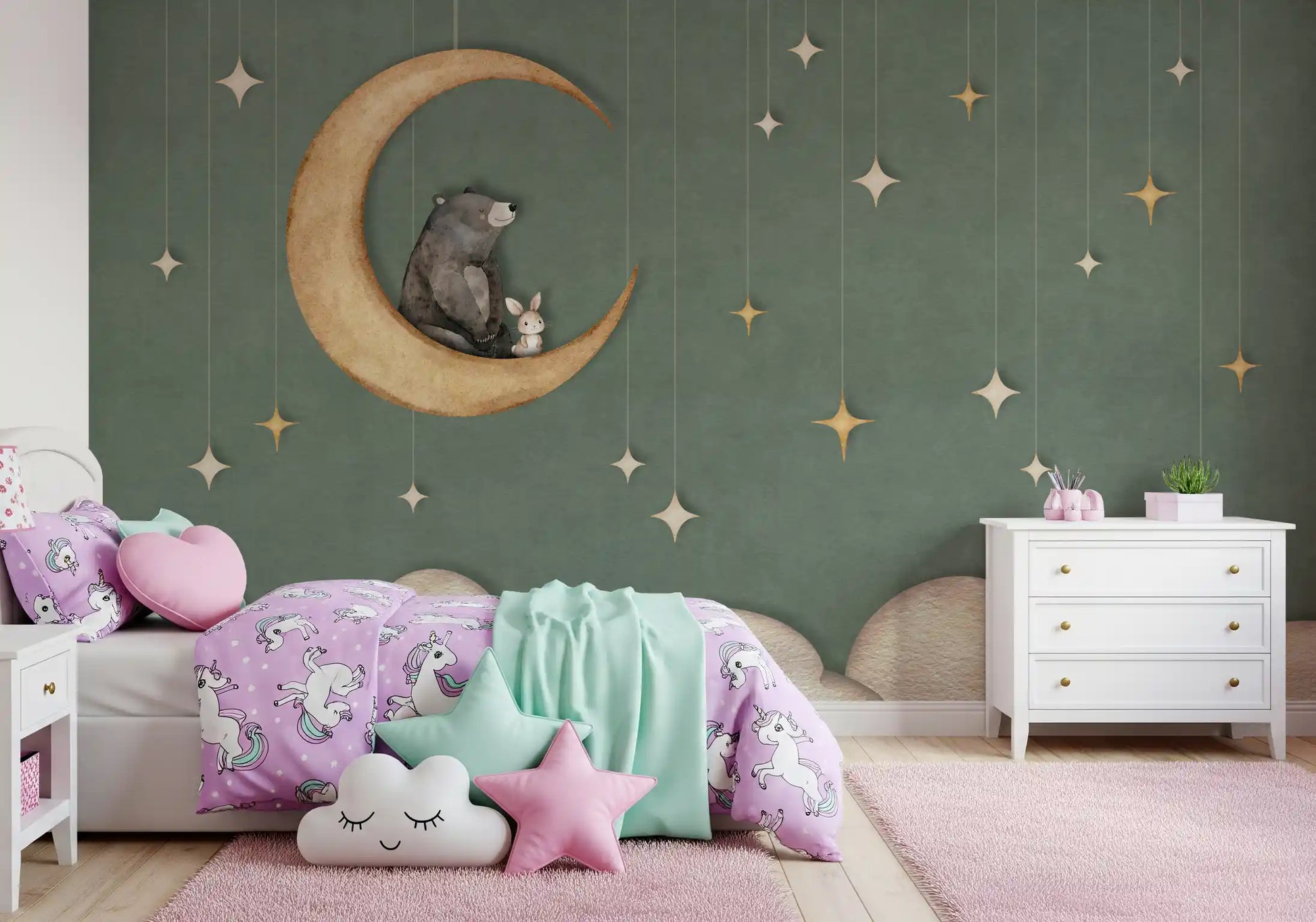 Green nursery wall mural bear moon clouds hanging star design