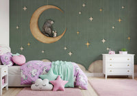 Green nursery wall mural bear moon clouds hanging star design