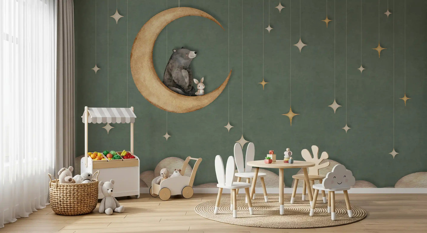 Bear on The Moon Green wall mural nursery room stars cloud decor