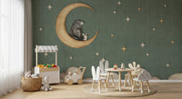 Bear on The Moon Green wall mural nursery room stars cloud decor