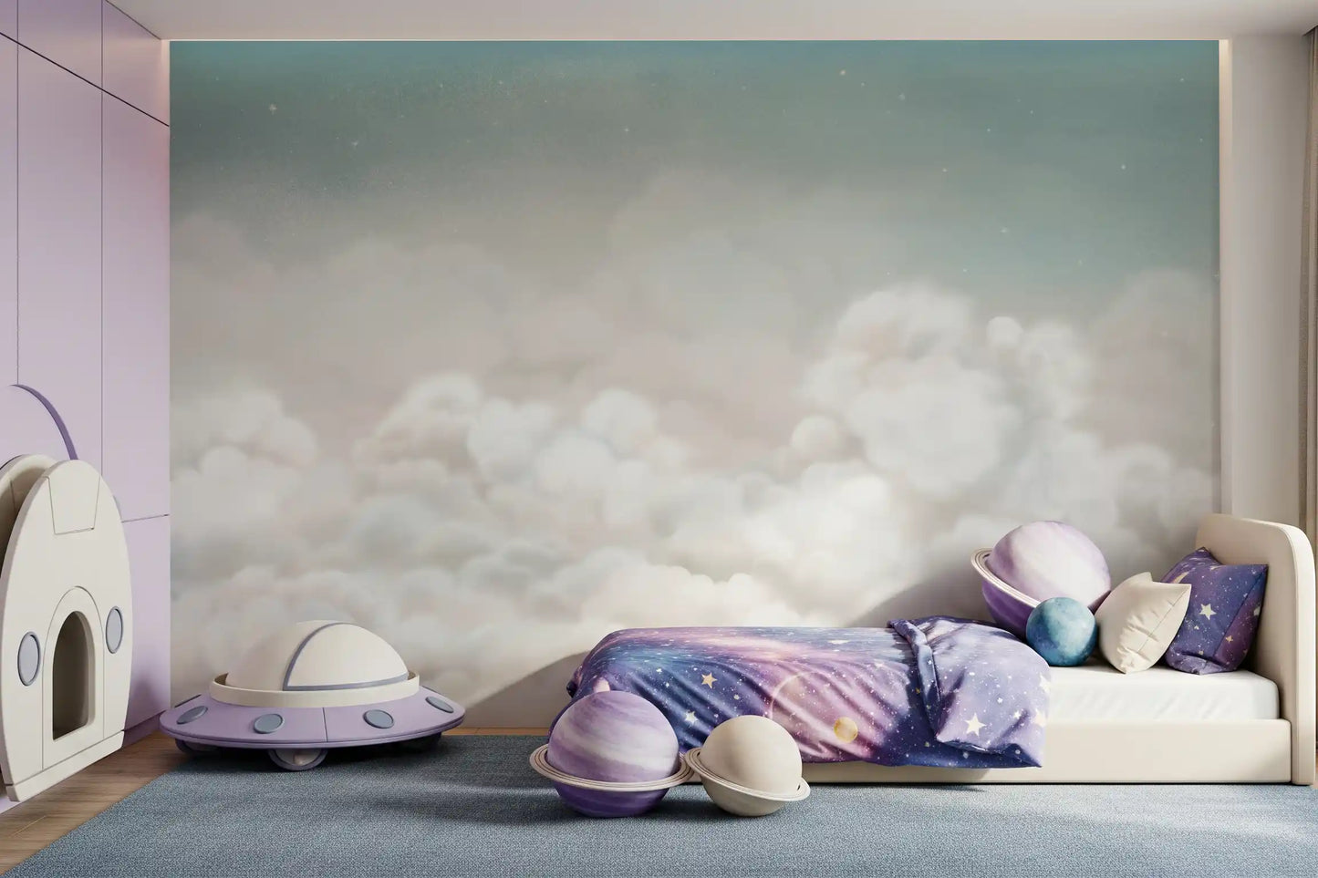 Blue-toned sky wall mural featuring floating white clouds and soft texture