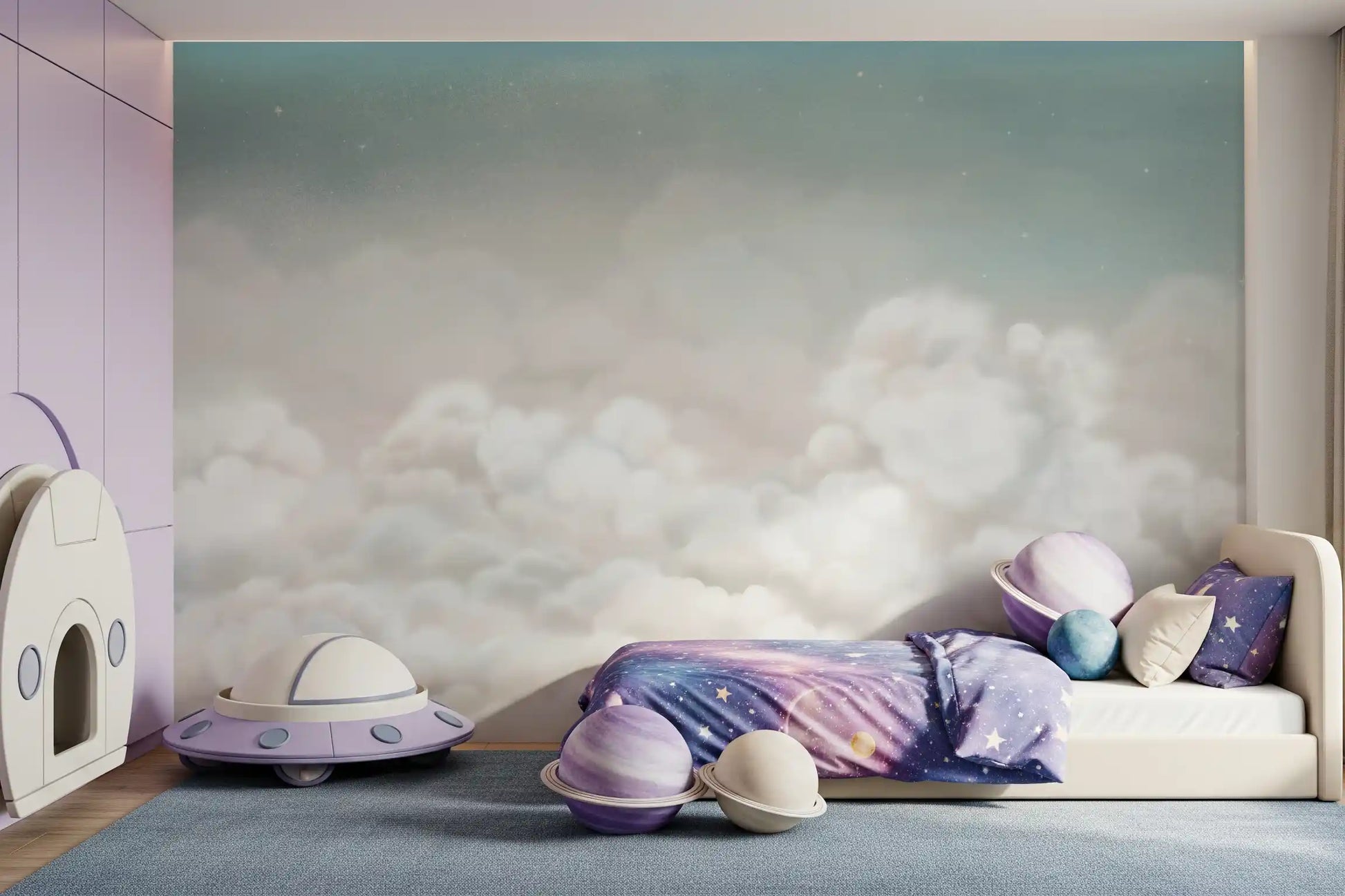 Blue-toned sky wall mural featuring floating white clouds and soft texture