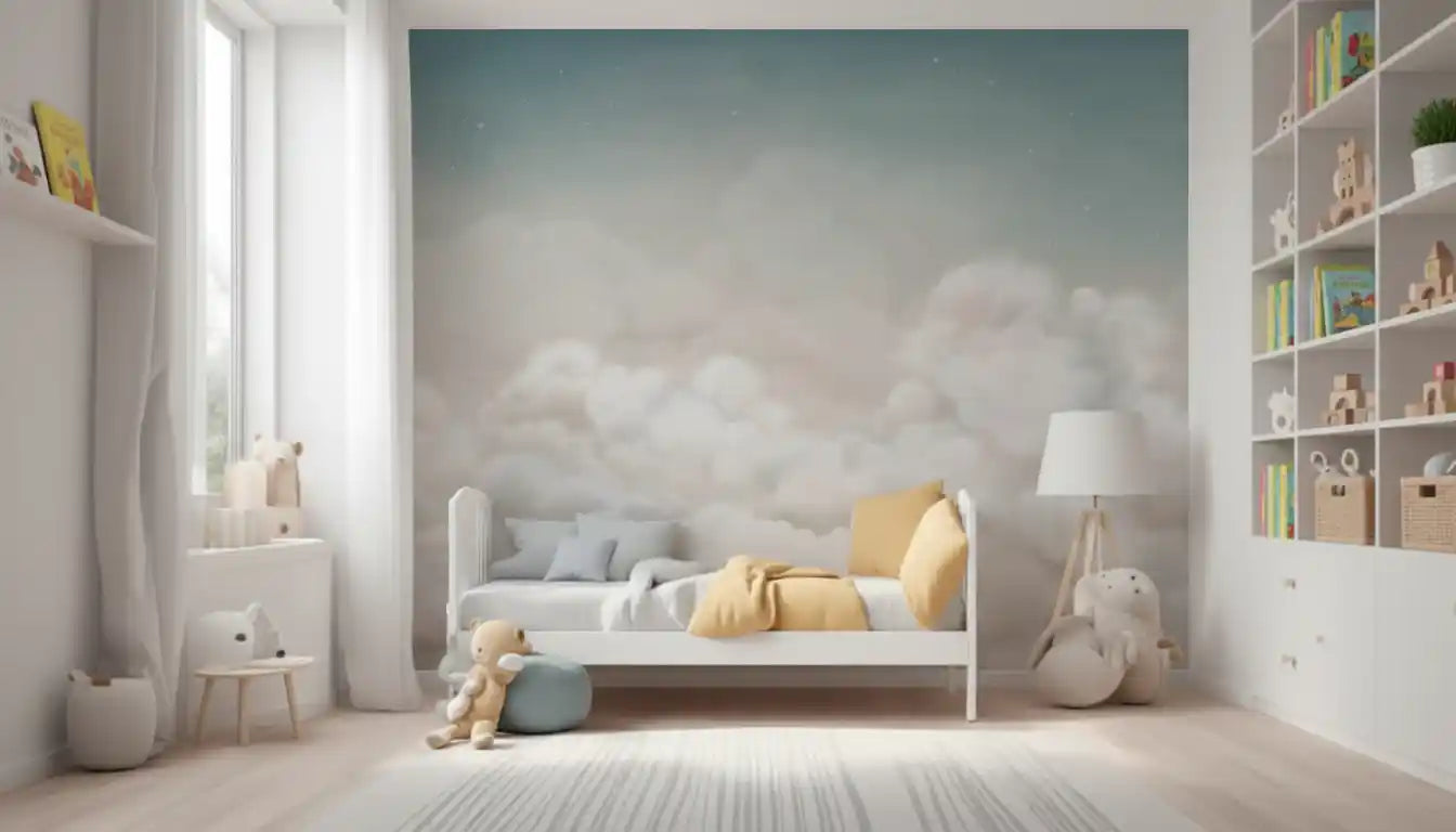 Nature-inspired sky wall mural with floating clouds and open blue space