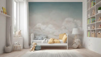 Nature-inspired sky wall mural with floating clouds and open blue space